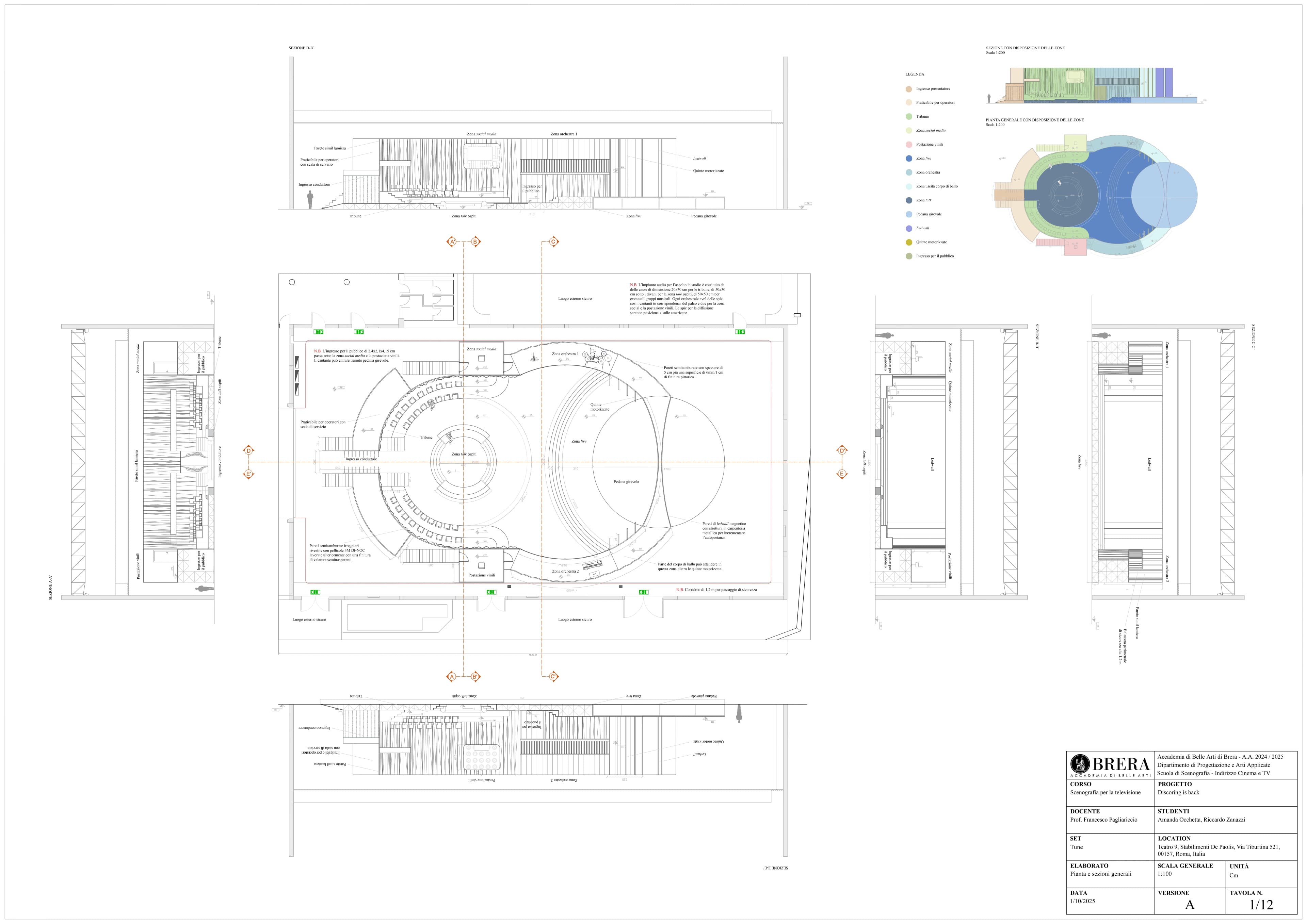 Overall plans and sections for the project Discoring is back, 2025; AutoCAD, Blender, Photoshop.