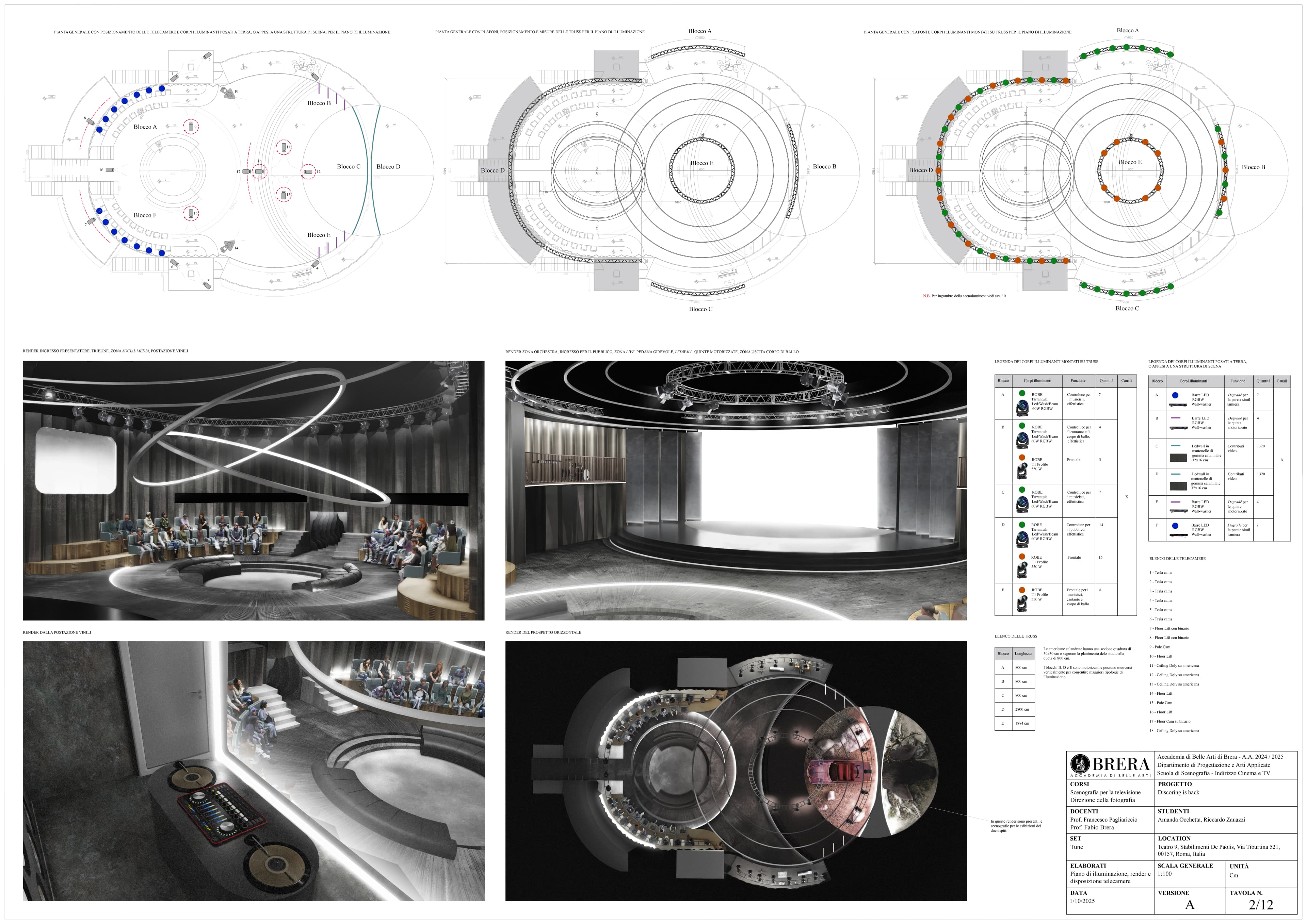 Light plot, rendering and camera plan for the project Discoring is back, 2025; AutoCAD, Blender, Photoshop.