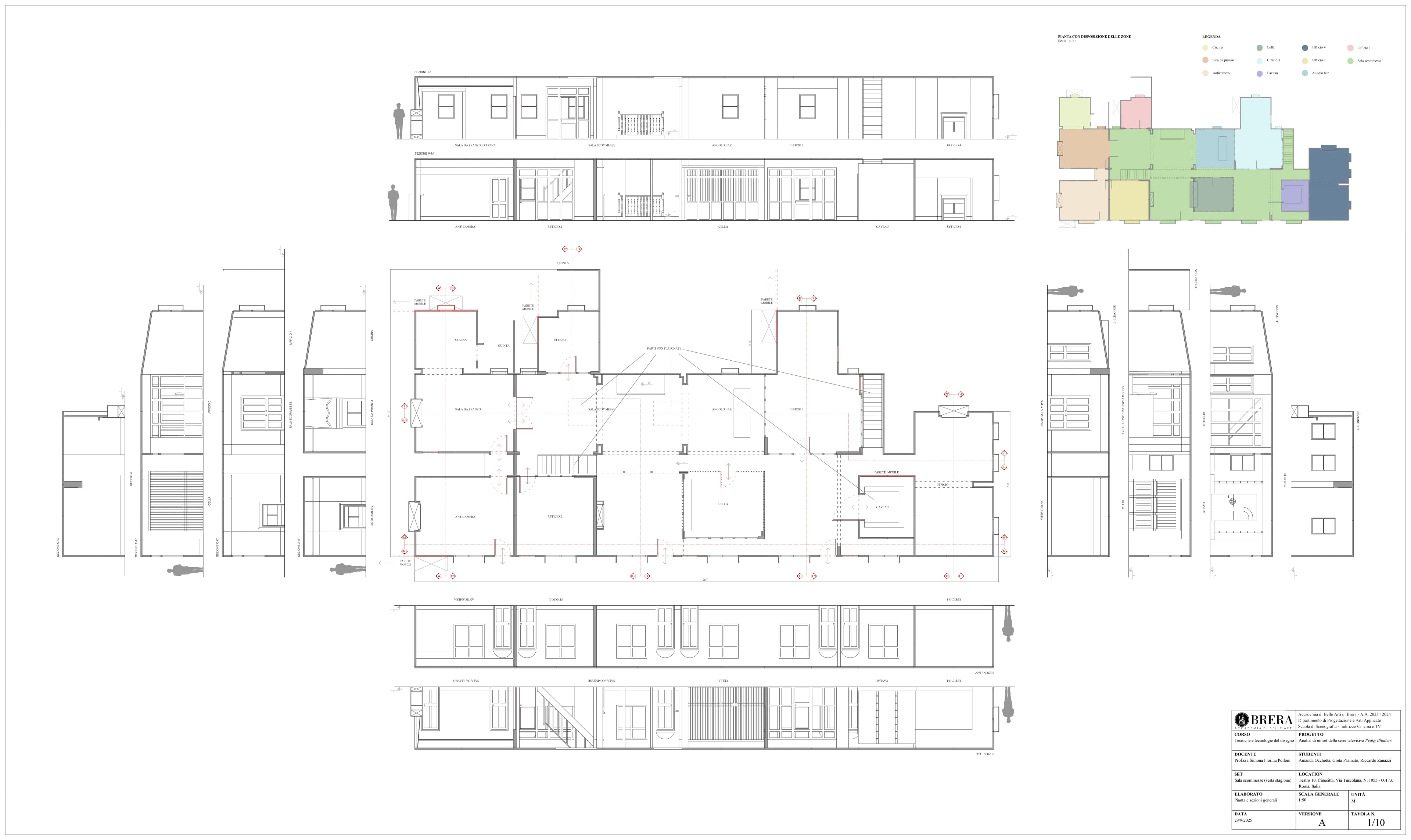 Overall plans and sections for the project Analysis of a set from the television series Peaky Blinders, 2025, AutoCAD, Photoshop.