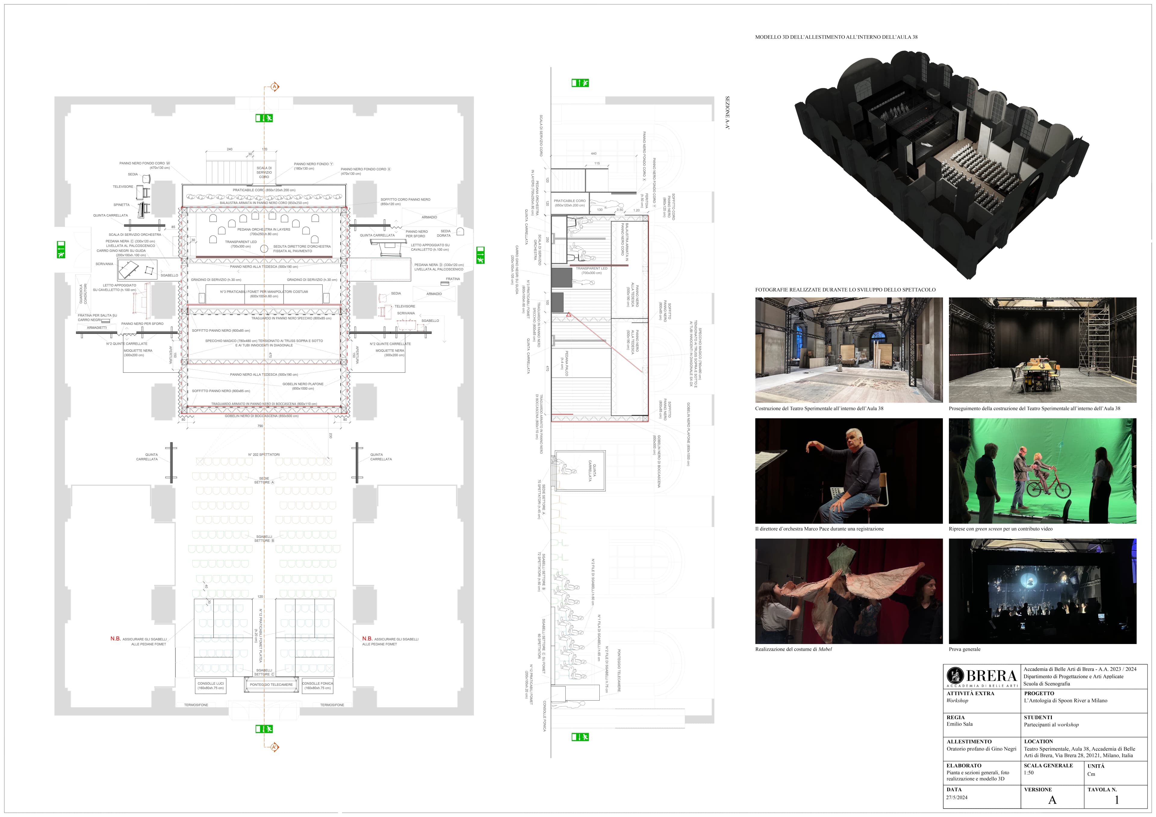 Overall plans and sections, behind the scenes and 3D model for the workshop Spoon River Anthology in Milan, 2024; AutoCAD, Blender, Photoshop.