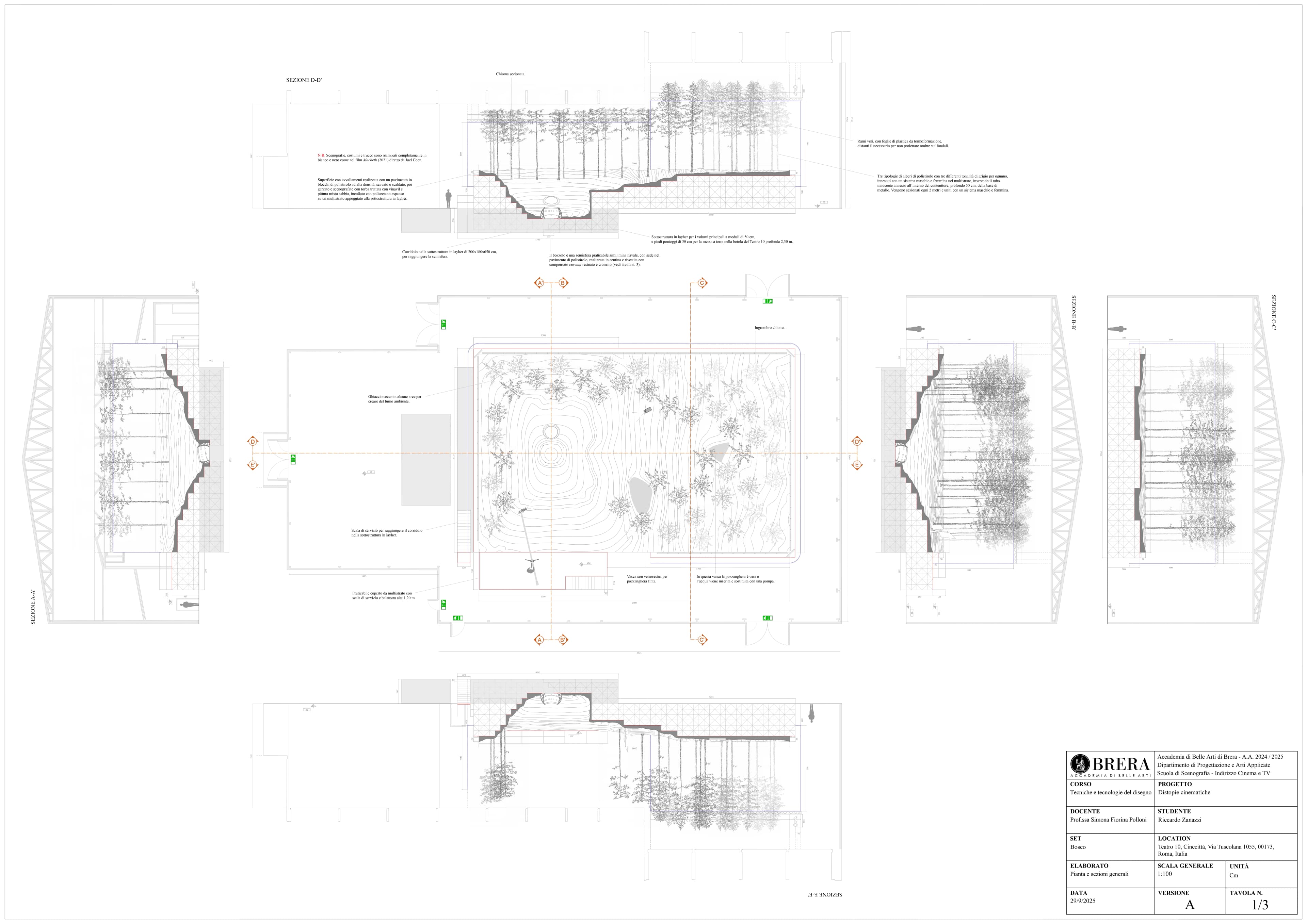 Overall plan and sections for the project Cinematic dystopias, 2025; AutoCAD, Photoshop.