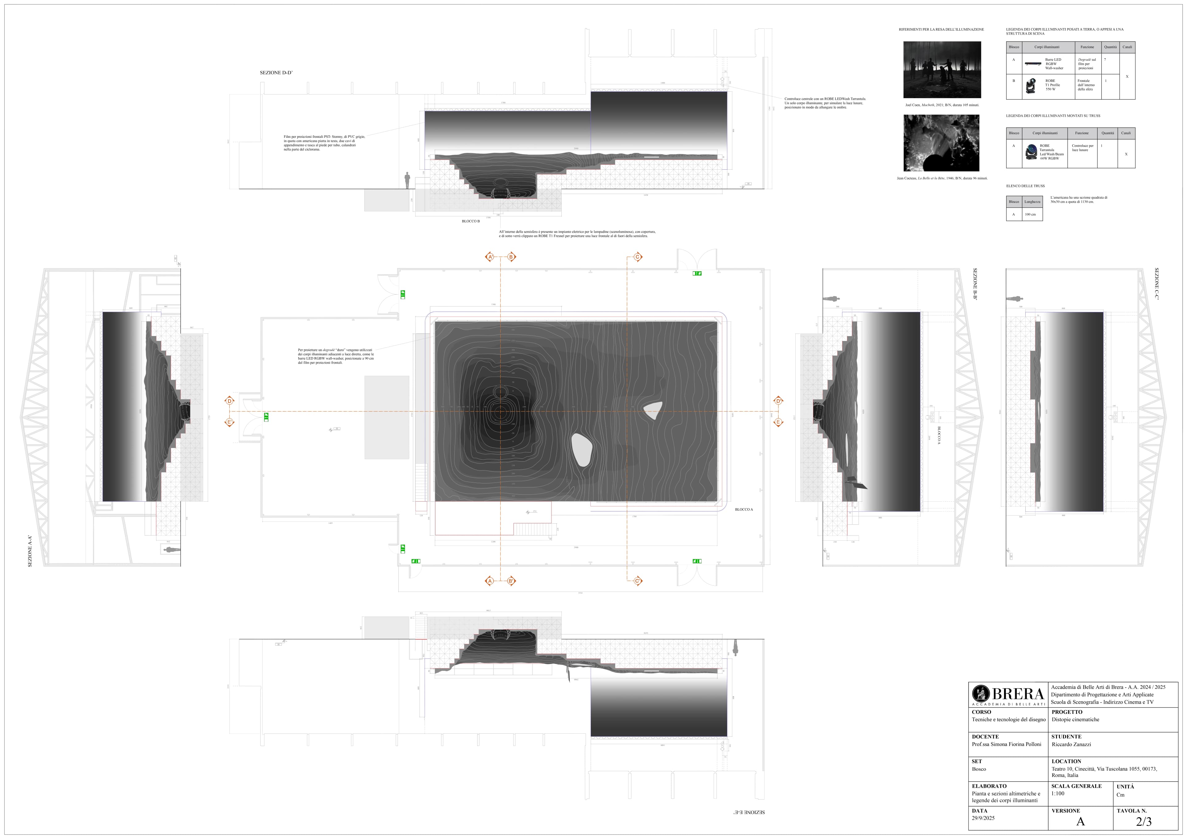 Grading plan, sections and fixture key for the project Cinematic dystopias, 2025; AutoCAD, Photoshop