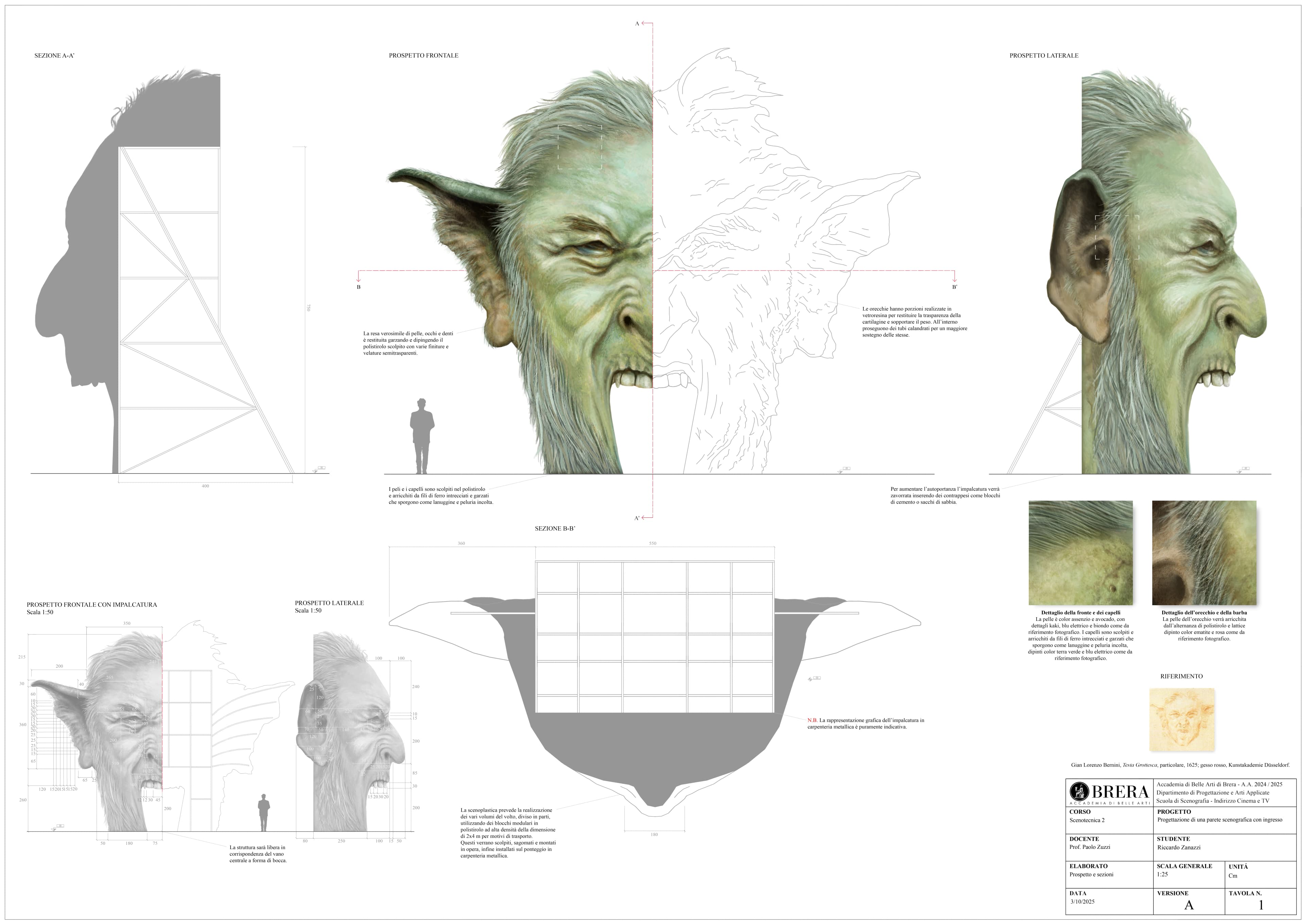 Elevation and sections for the project Design of a scenic wall with entrance, 2025; AutoCAD, Photoshop.