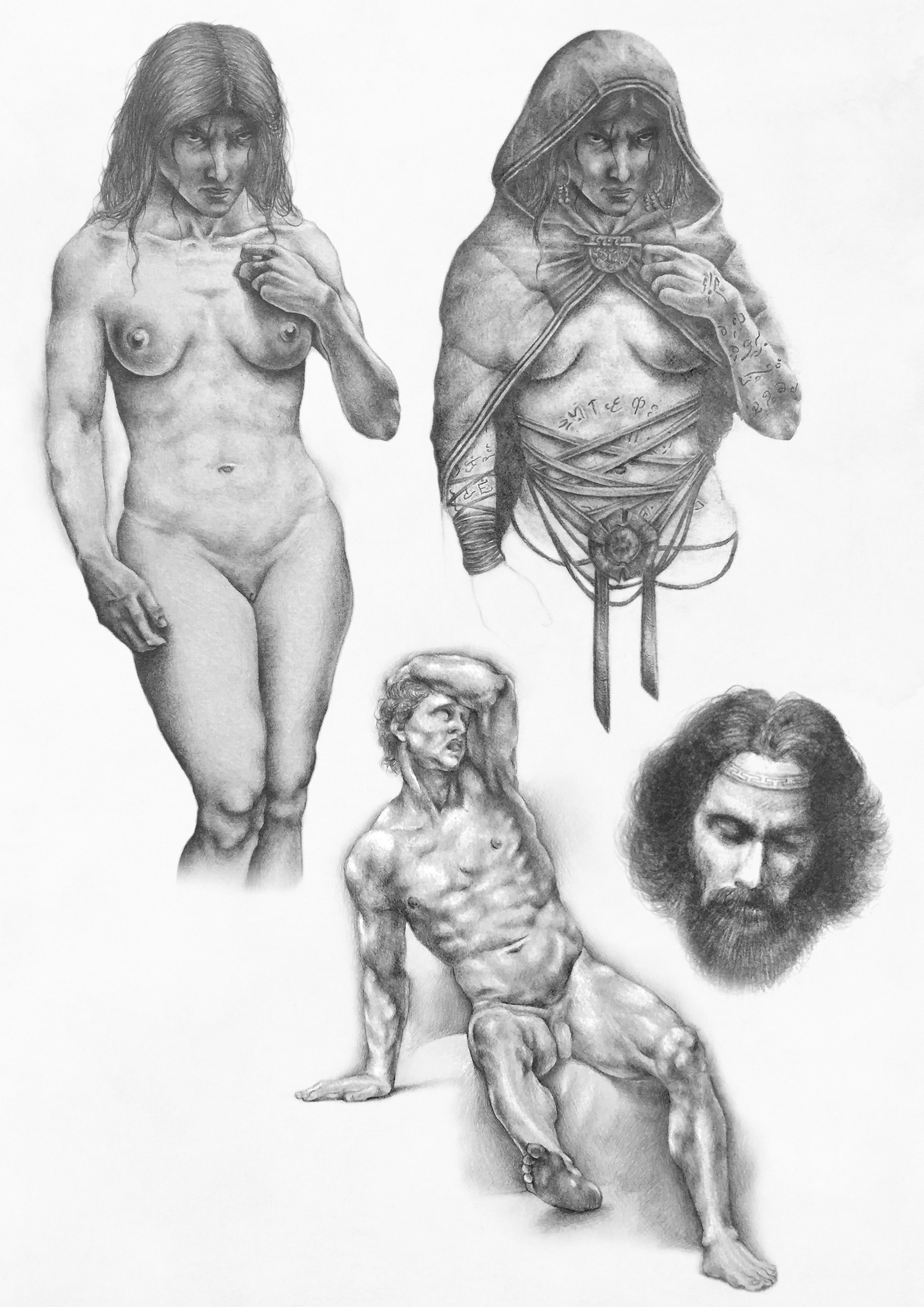 Costume sketches for the project Medea, 2019; graphite on paper.